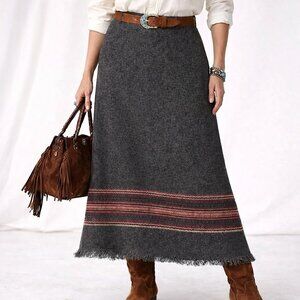 Boho Western Prarie Vintage Preppy Charcoal Gray Midi Fringe Skirt [size 16W]